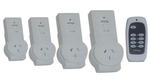 Efergy Standby Eliminator (RF Remote Controlled Power Switch) showing 4 receivers and remote control