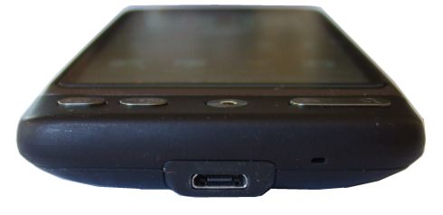 HTC Desire smart phone showing bottom edge with micro USB socket