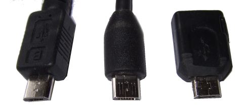 Comparison of a generic Micro USB Plug (left), a genuine HTC Micro USB Plug (centre) and a generic Micro USB plug (rught) that has been filed to remove plastic, to allow it to fit into the Micro USB Socket of an HTC Smart Phone