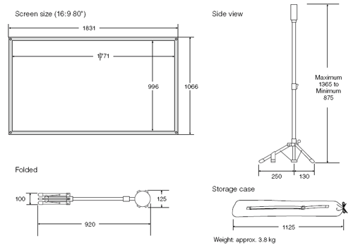 The complete dimensions of all the components of the Epson ELPSC21B 80" portable widescreen projector screen