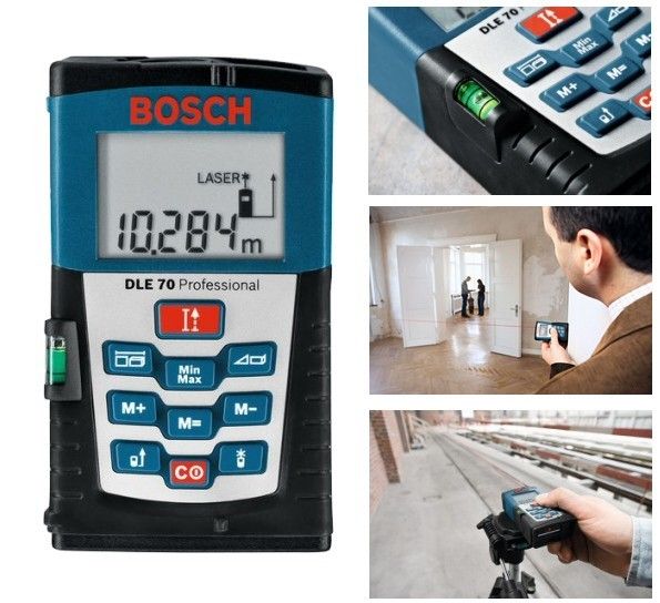 Bosch DLE70 Laser Rangefinder (distance measurement tool) with spirit level. Also shown mounted on tripod and being used to measure the distance to a wall