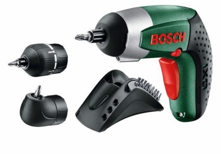 Clockwise from top - Bosch IXO III 3.6V Cordless Screwdriver, Cradle/Recharger with bit holder, Right-Angle Driver, Torque Adapter