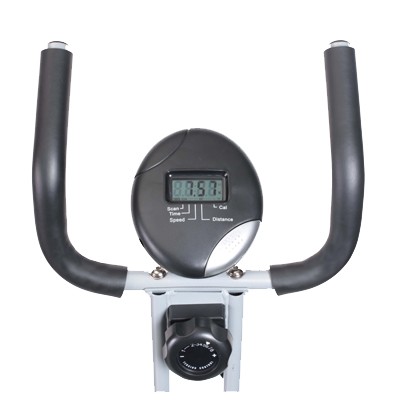 Confidence Foldable Exercise Bike - view of handlebars with Cycle Computer and resistance level knob in centre